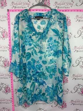 Double Decker coverup mini dress. Ranch Teal Floral V-Neck Sheer beaded